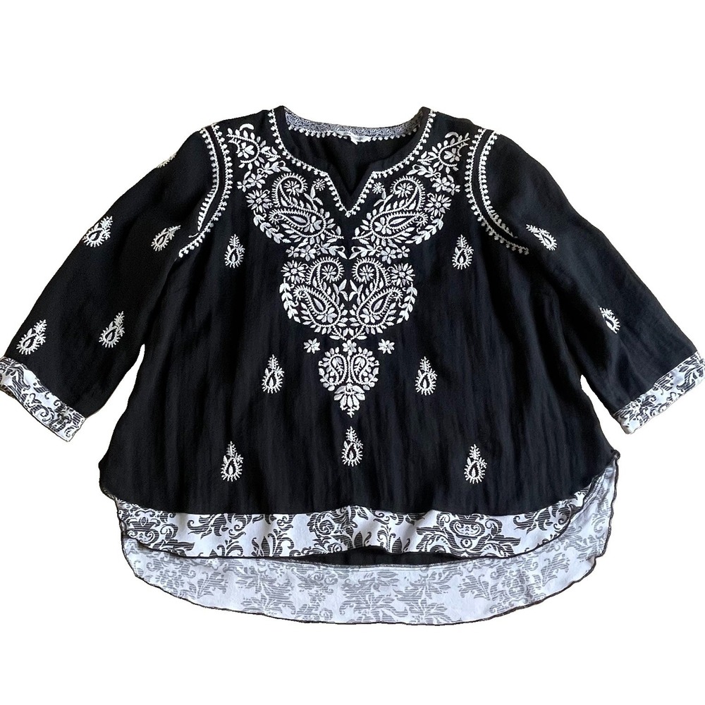 John Mark Women's XL Black White Embroidered Boho Peasant Blouse 3/4 Sleeve